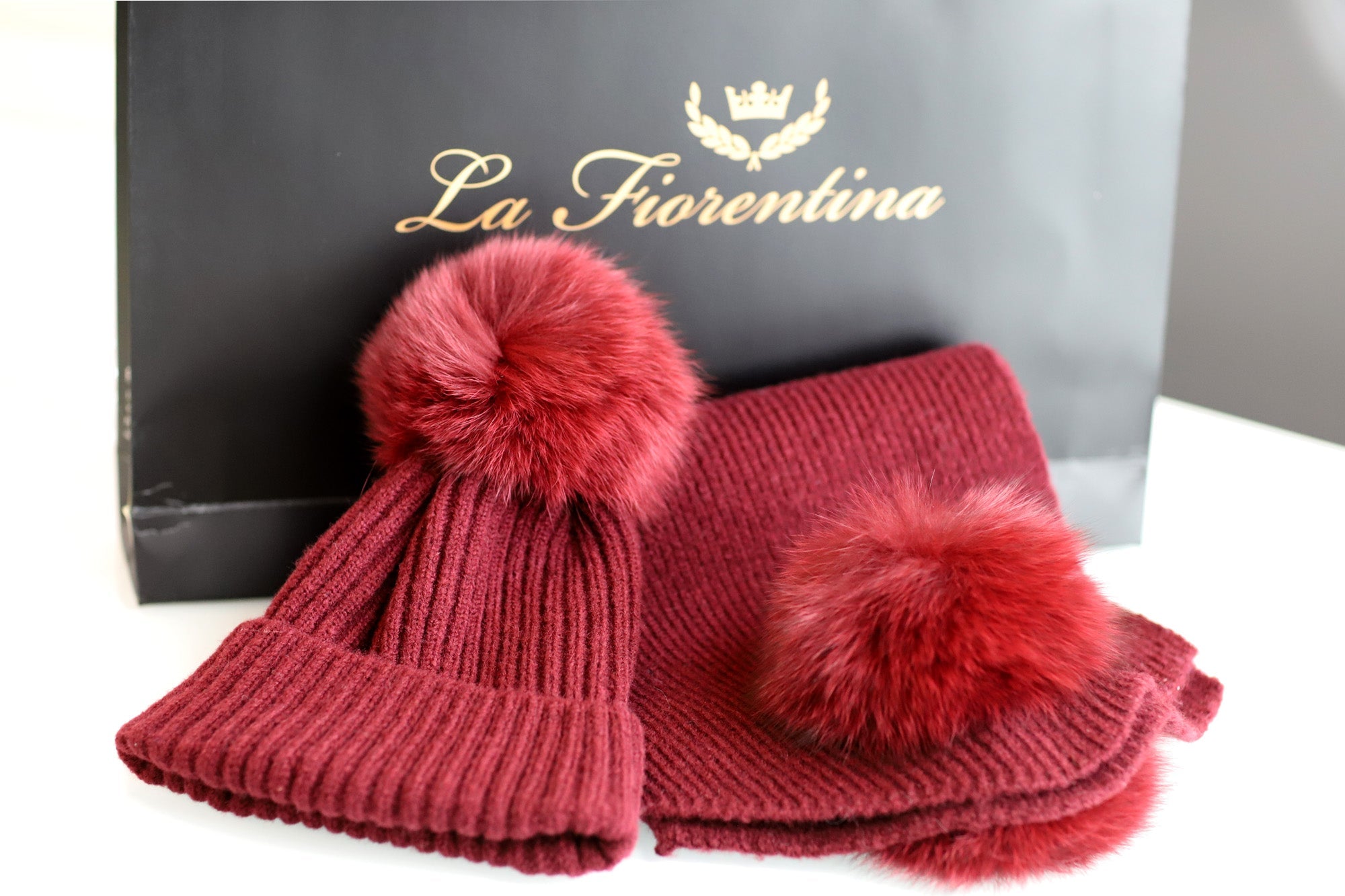 La Fiorentina Scarf and Hat Set with Fox Fur Pom - Perfect Holiday Gift