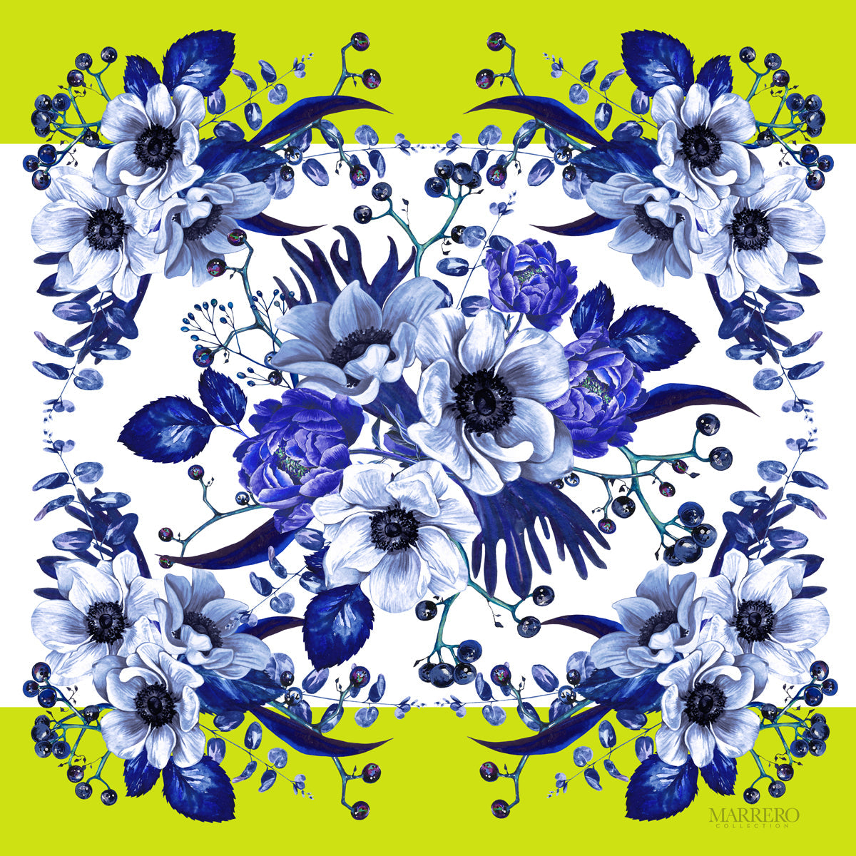 Chartreuse  and blue flowers Square Silk Scarf