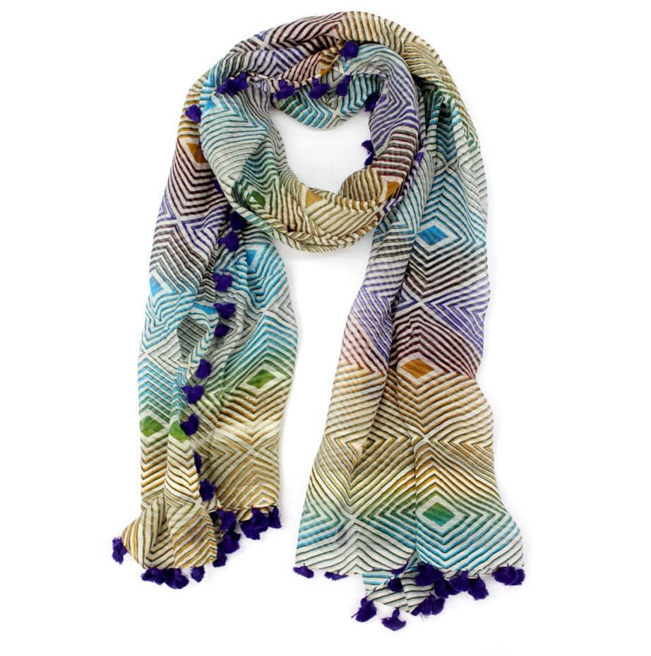 Geometric Print Tassel Scarf - Purple