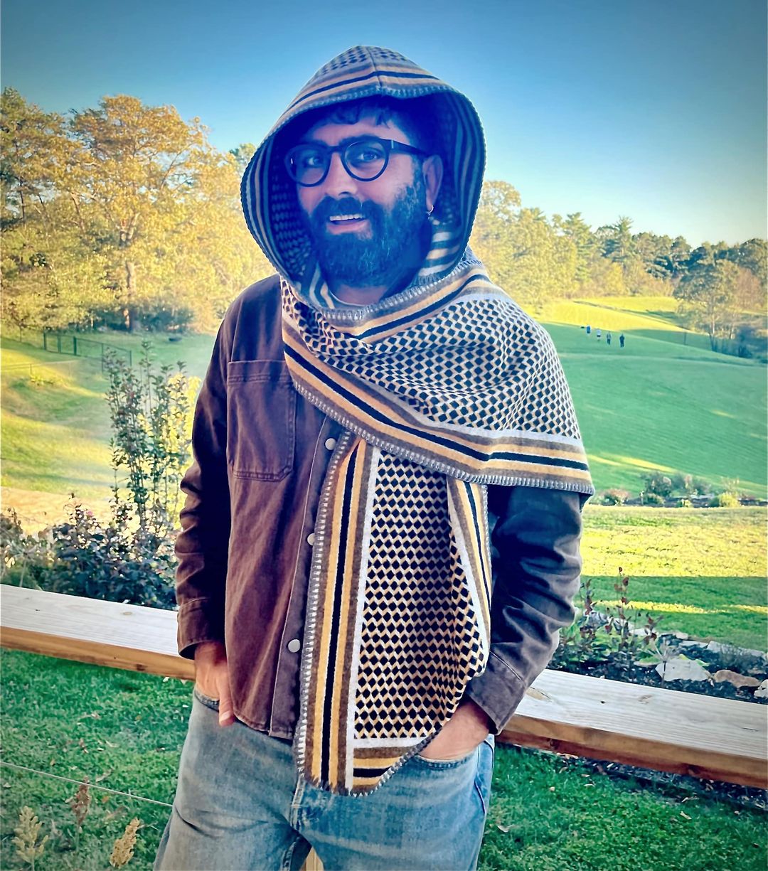 Black & Yellow StriCheck Print hooded scarf