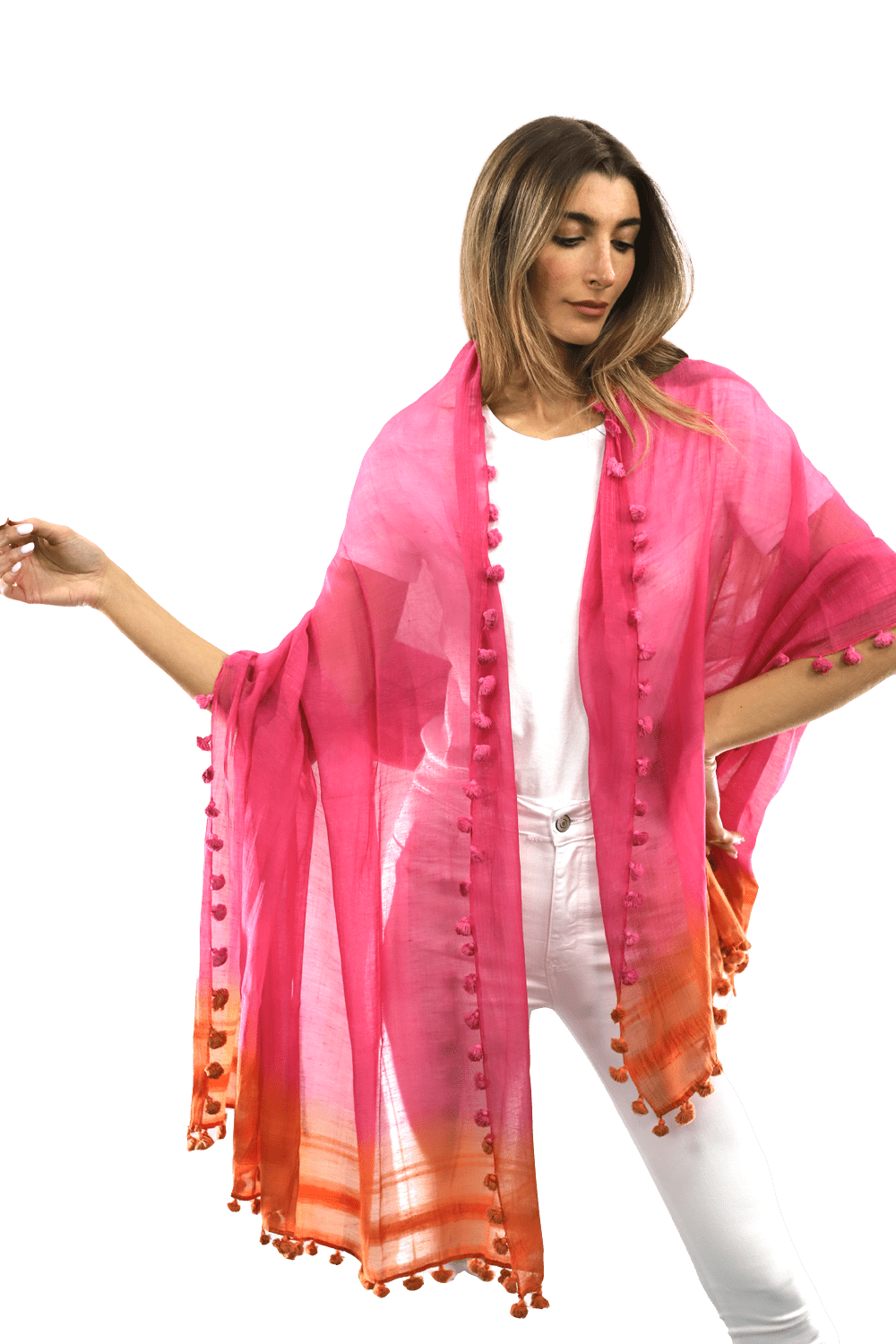 La Fiorentina Solid Silk/Cotton Blend Scarf with Fringes - Fuchsia/Peach