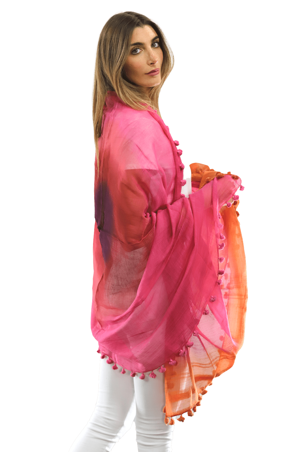La Fiorentina Solid Silk/Cotton Blend Scarf with Fringes - Fuchsia/Peach