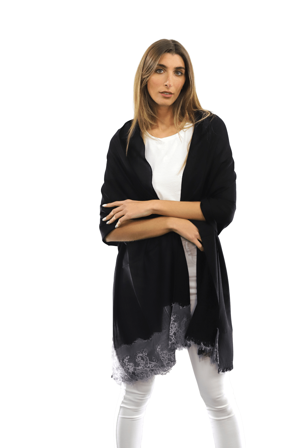 Lace Trim Scarf-Black/Grey