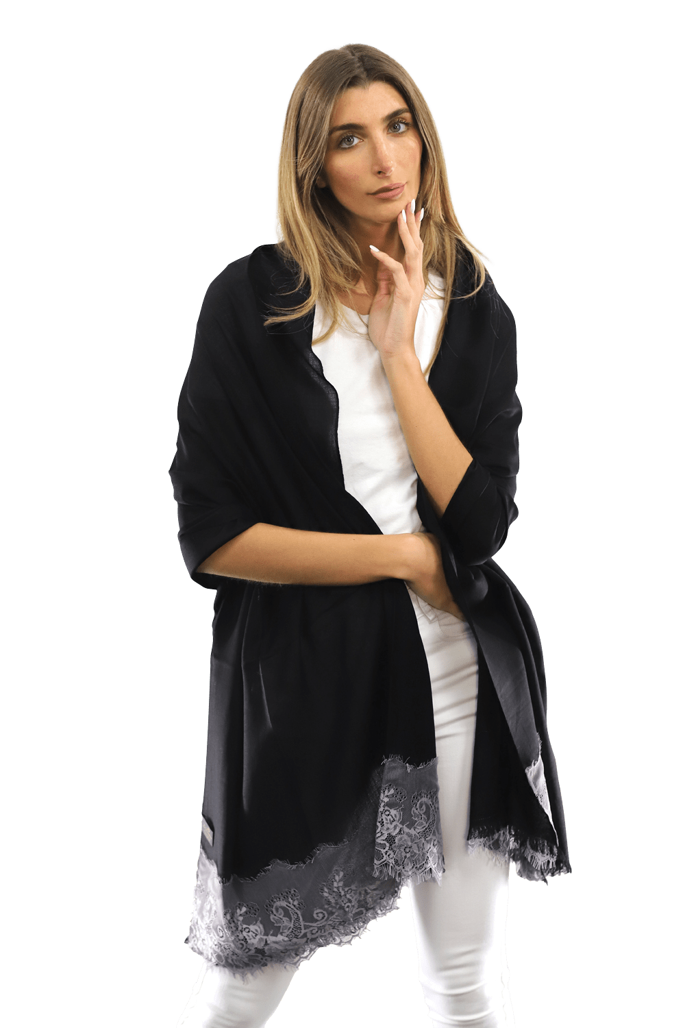 Lace Trim Scarf-Black/Grey