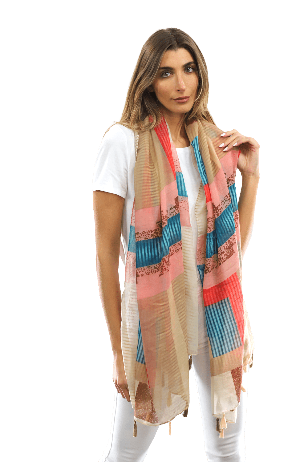 Multi-colored pattern woven scarf-Beige