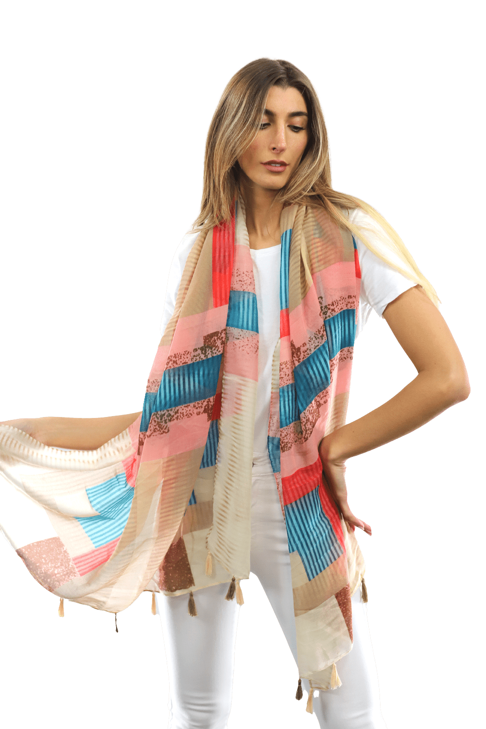 Multi-colored pattern woven scarf-Beige