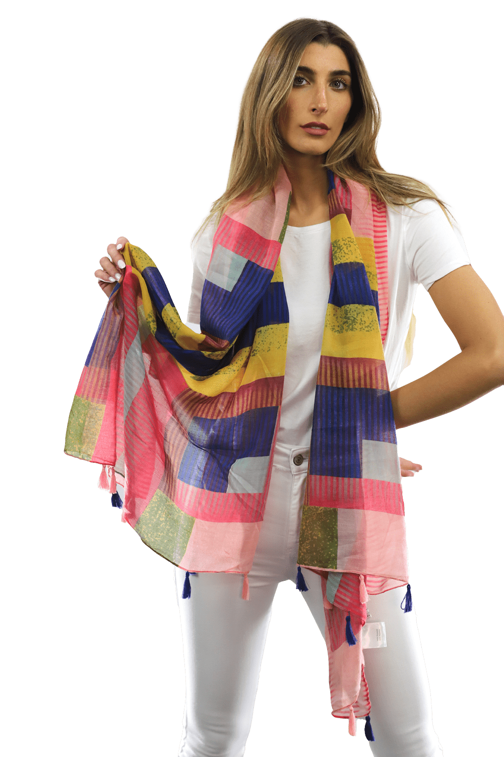 Multi-colored pattern woven scarf-Pink