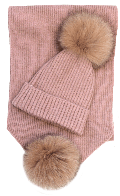 Scarf and Hat Set with Fox Fur Pom - Set - La Fiorentina,Mauve TN-1828-MAUVE
