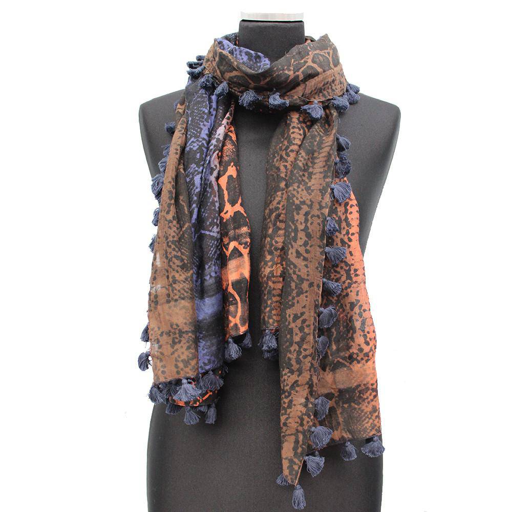 Snake Print Pom Pom Fringe Scarf