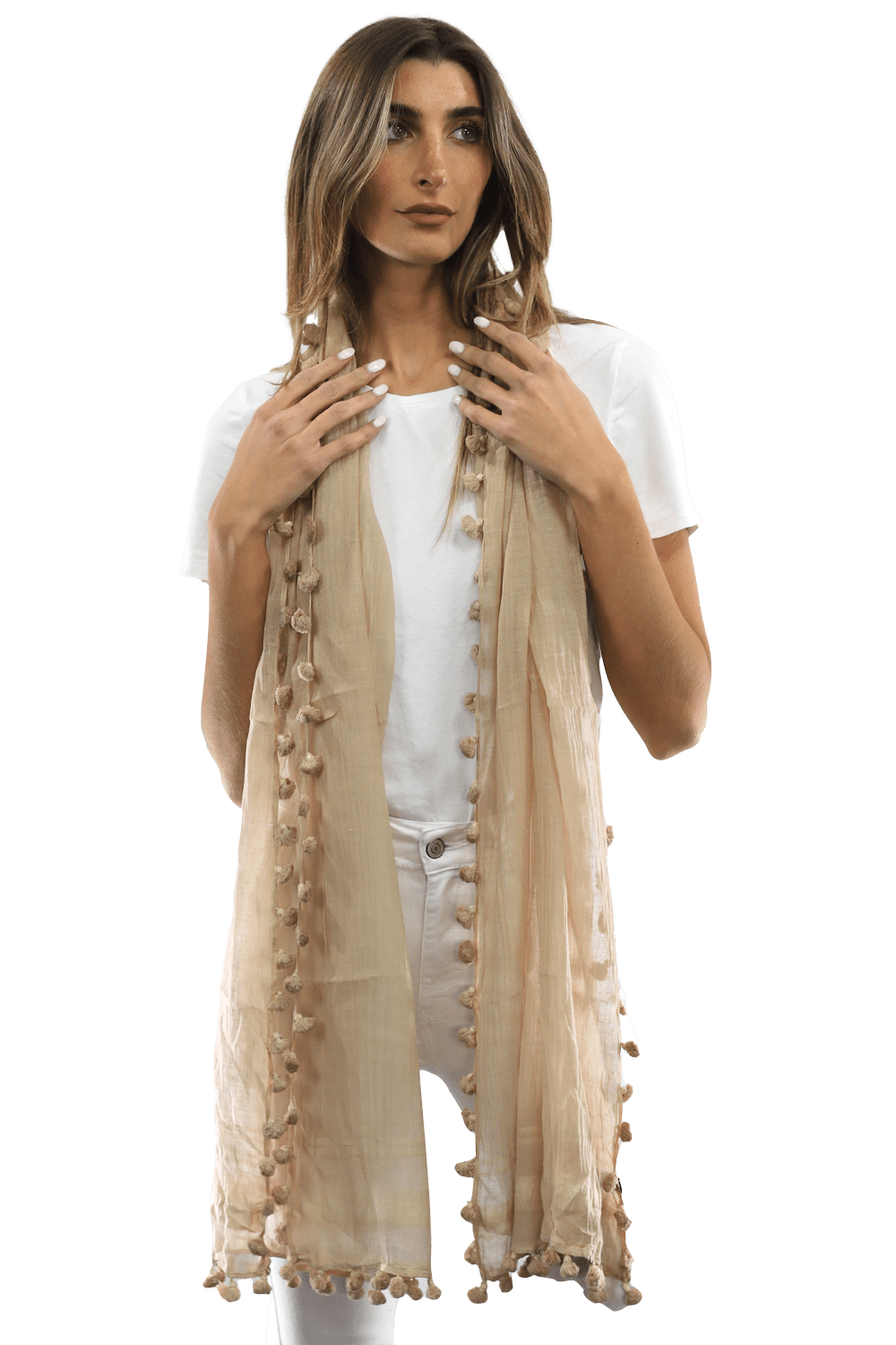 Solid Scarf w/ Pom Poms - Beige