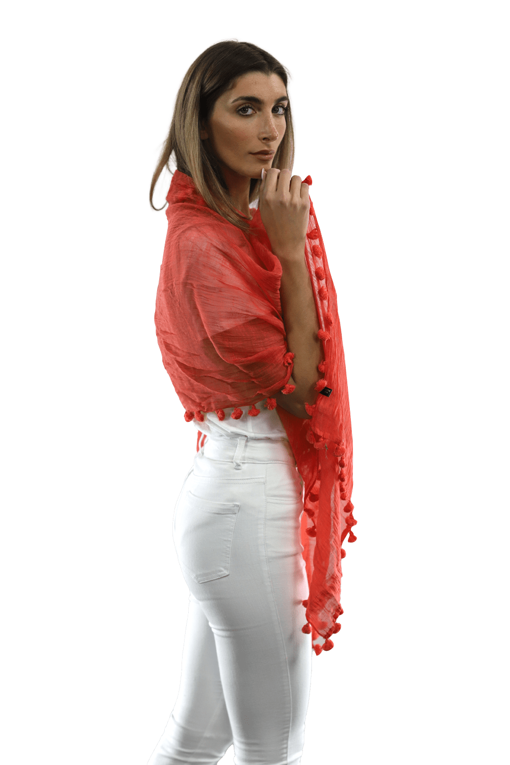 Solid Scarf w/ Pom Poms-Cantaloupe