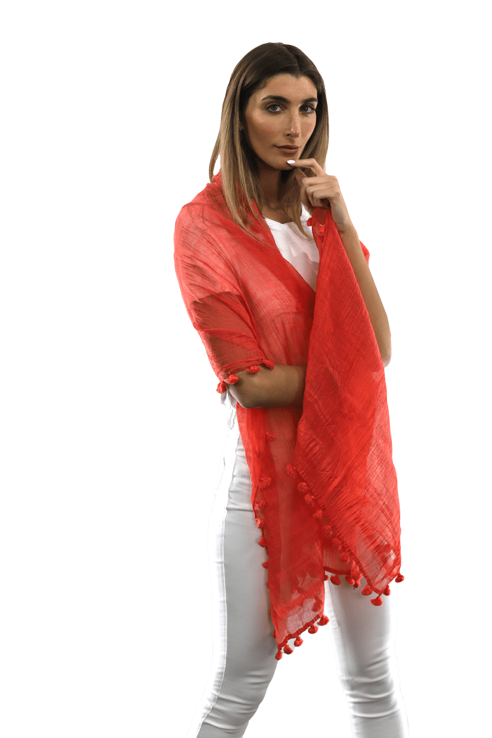 Solid Scarf w/ Pom Poms-Cantaloupe