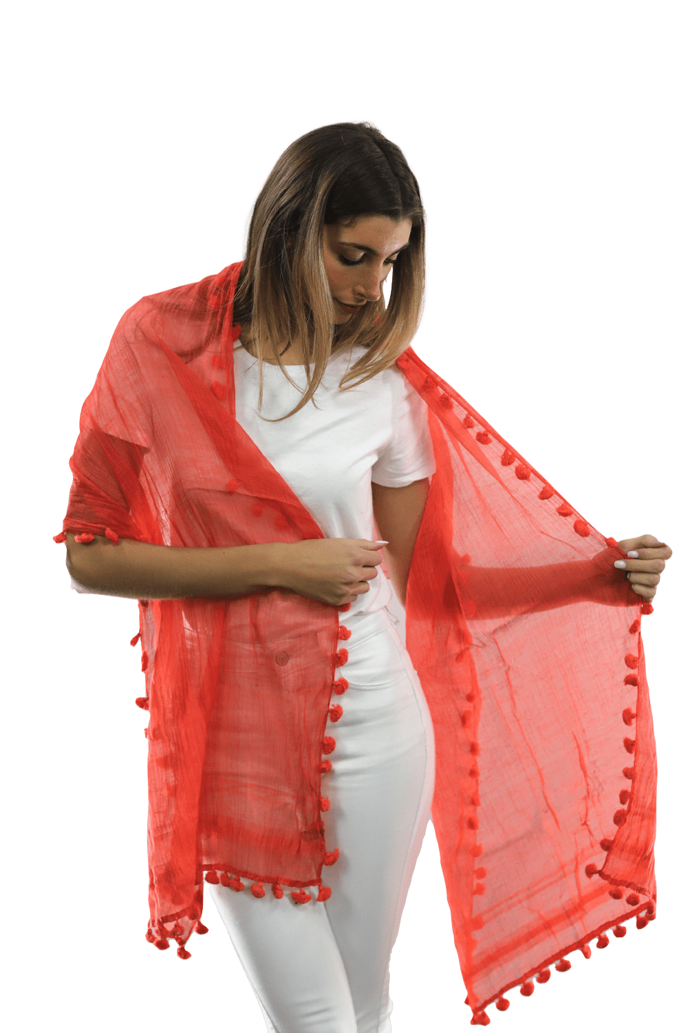 Solid Scarf w/ Pom Poms-Cantaloupe