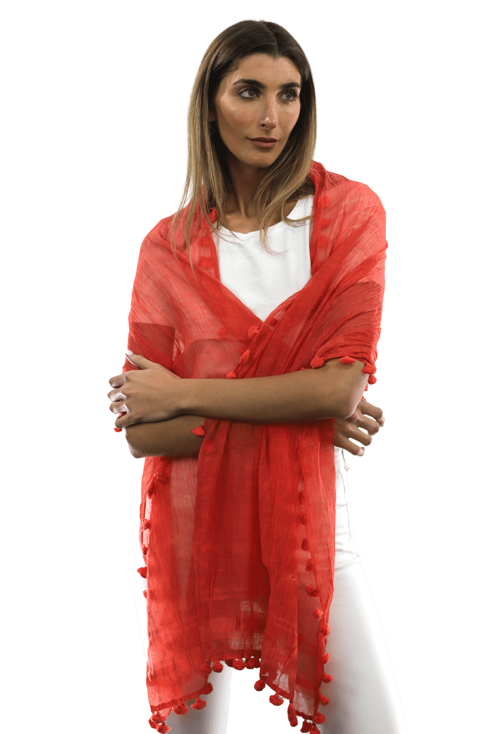 Solid Scarf w/ Pom Poms-Cantaloupe