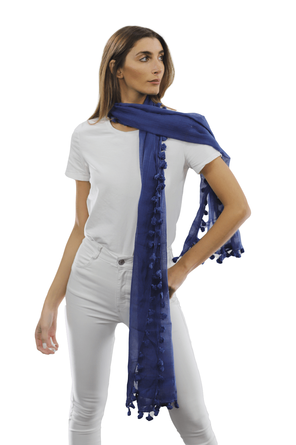 Solid Scarf w/ Pom Poms - Ocean Blue