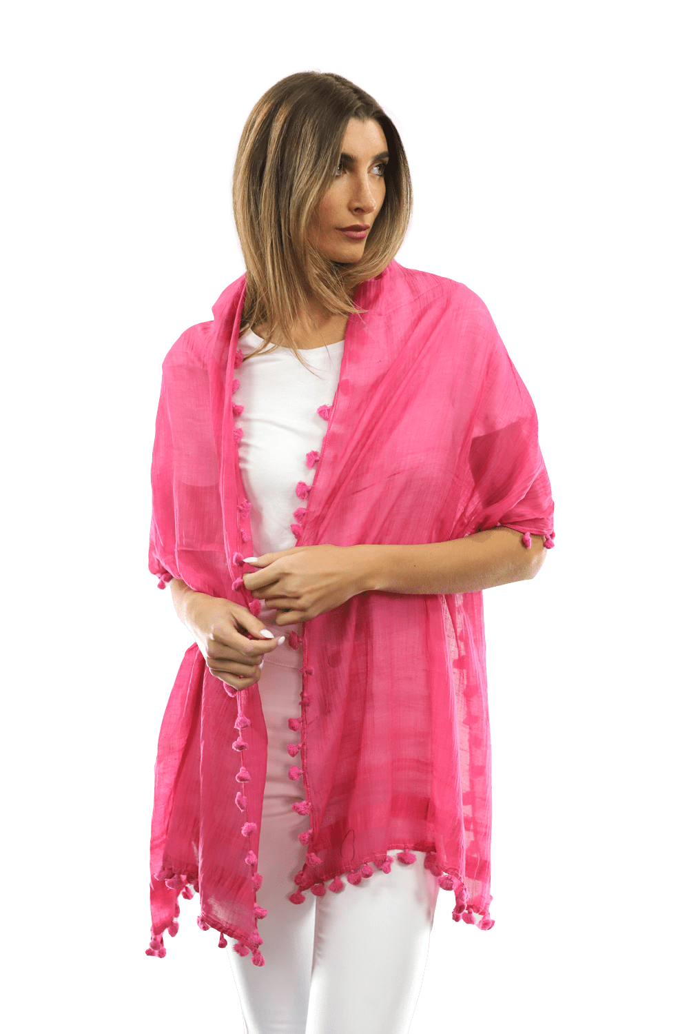 Solid Scarf w/ Pom Poms - Peony