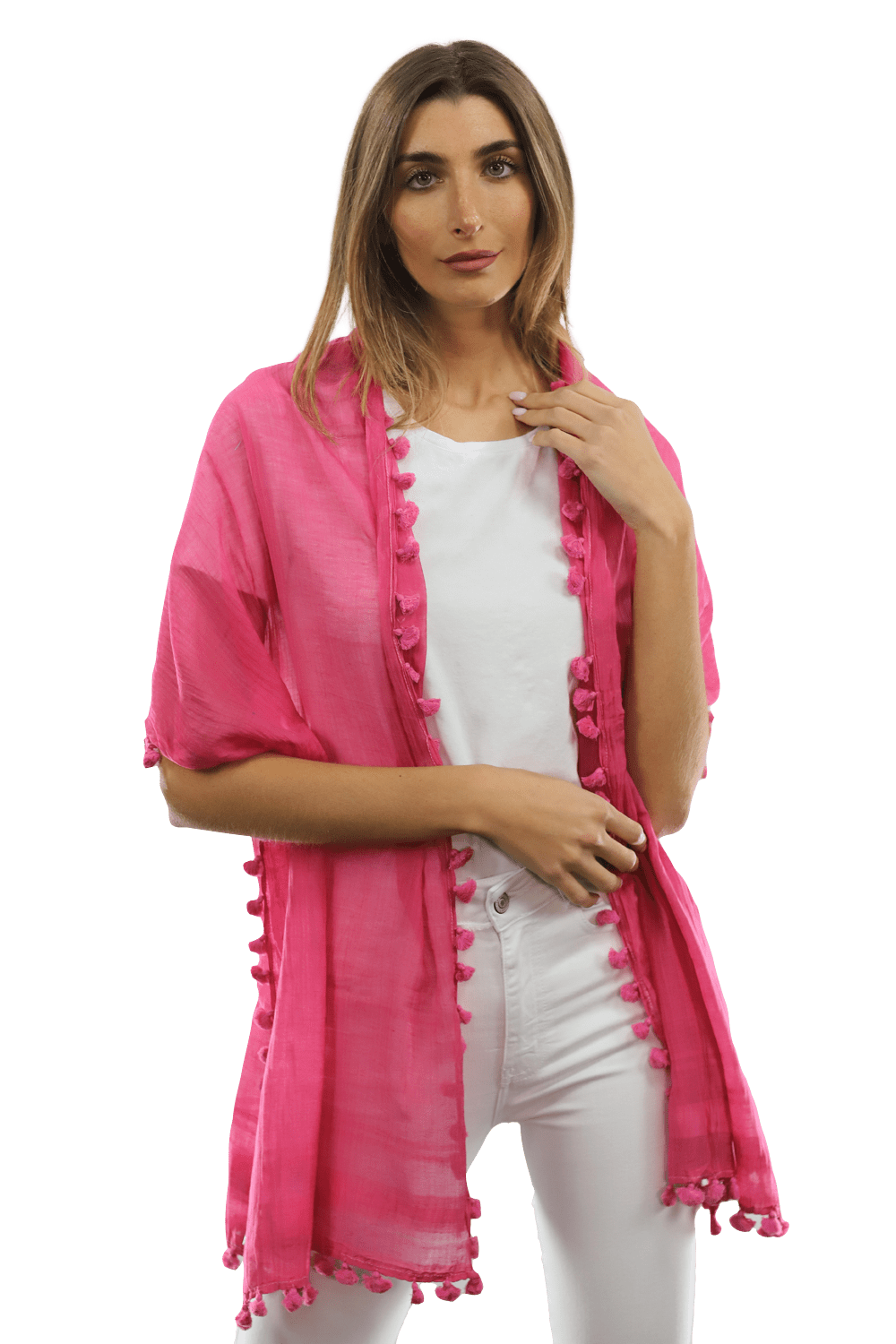 Solid Scarf w/ Pom Poms - Peony