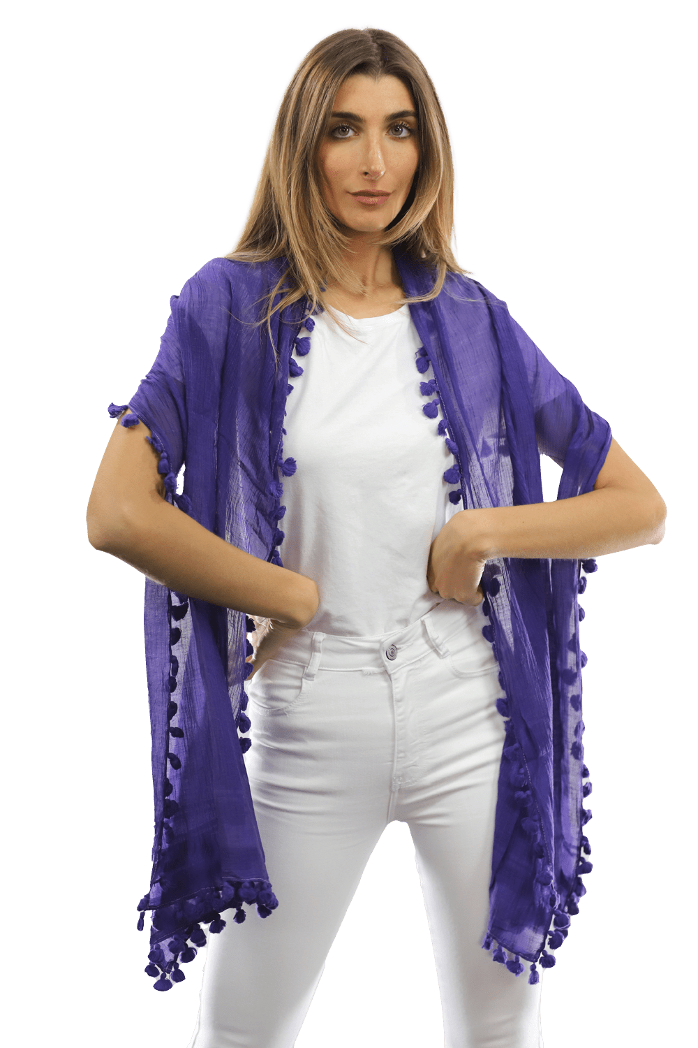 Solid Scarf w/ Pom Poms- Purple