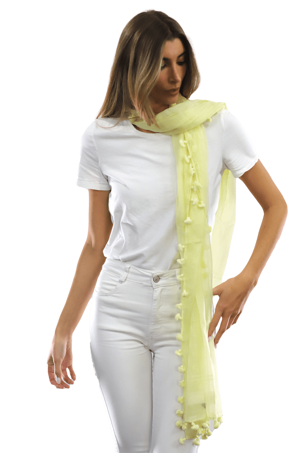 Solid Scarf w/ Pom Poms- Yellow