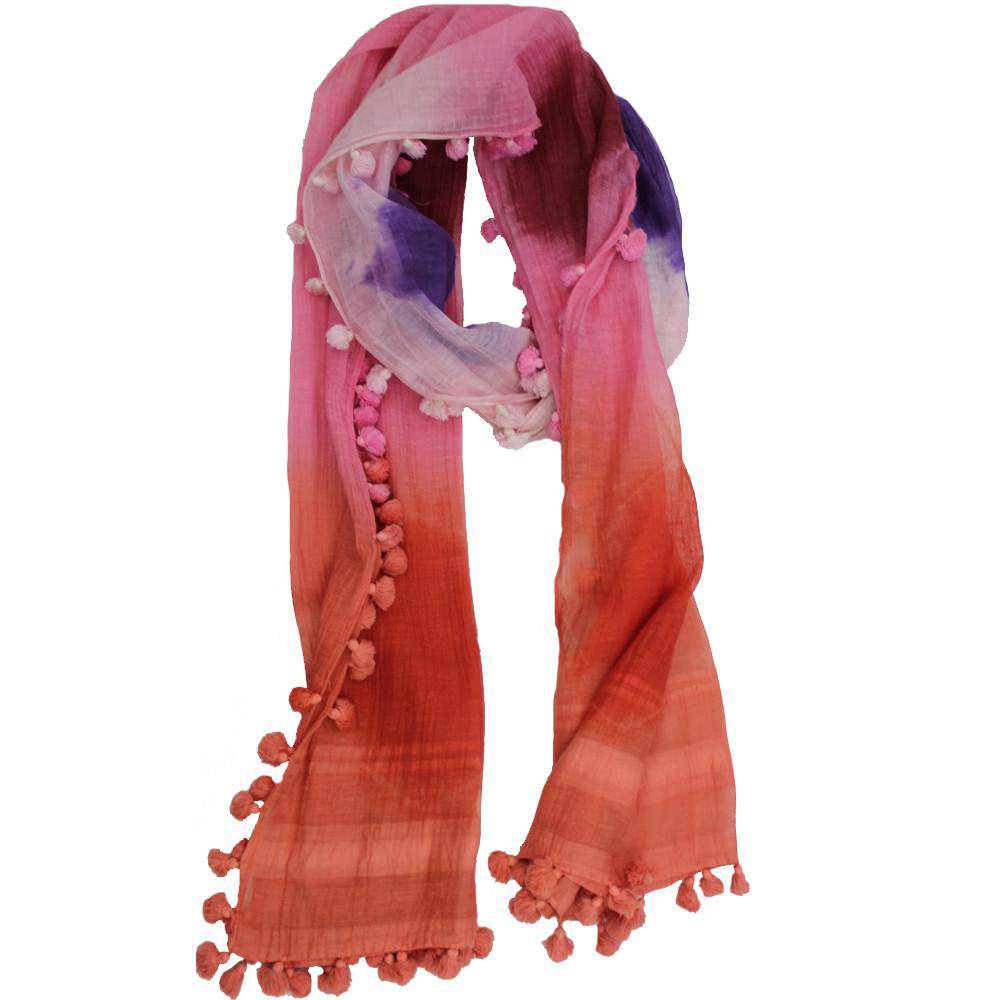 Tie Dye Print Scarf w/ Pom Tassels - Pink Combo