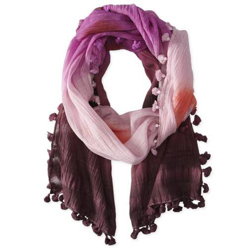 Tie Dye Print Scarf w/ Pom Tassels - Plum Combo