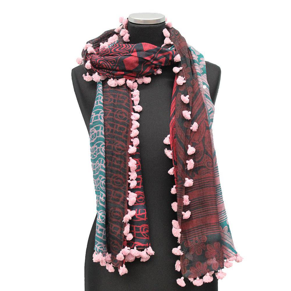 Tribal & Floral Printed Pom Pom Scarf - Pink