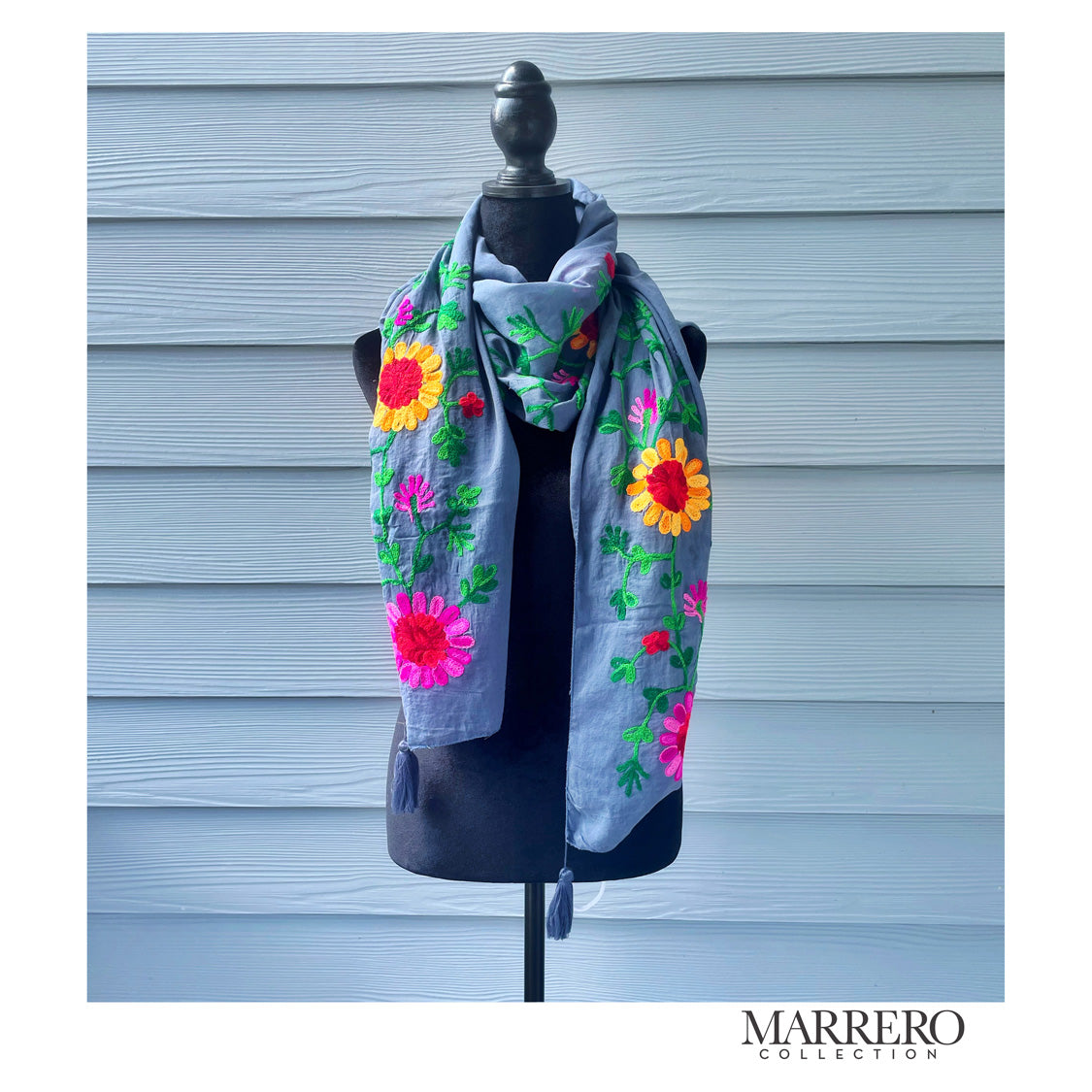 Denim Blue Floral Embroidered Shawl