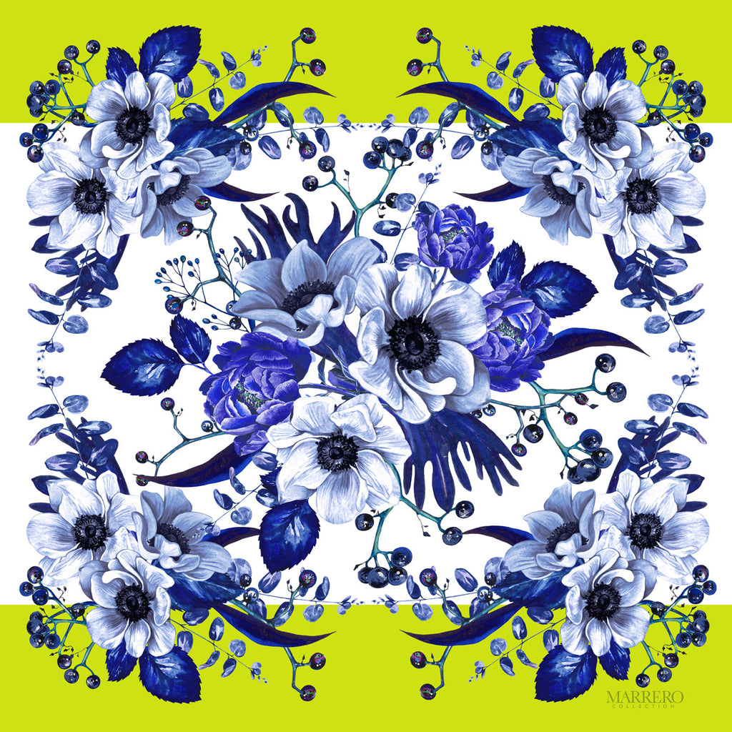Chartreuse  and blue flowers Square Silk Scarf