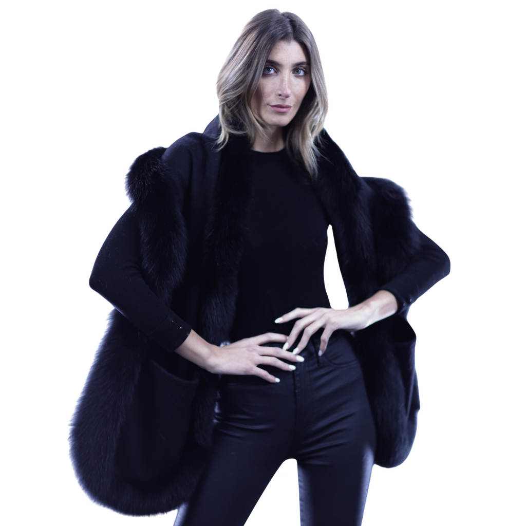 La Fiorentina Luxurious Fox Fur Trim Scarf with Stylish Pocket - One Size - Multiple Colors - Scarf - La Fiorentina, Black SP-52B-plum