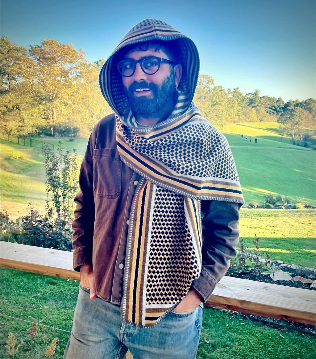 Black & Yellow StriCheck Print hooded scarf