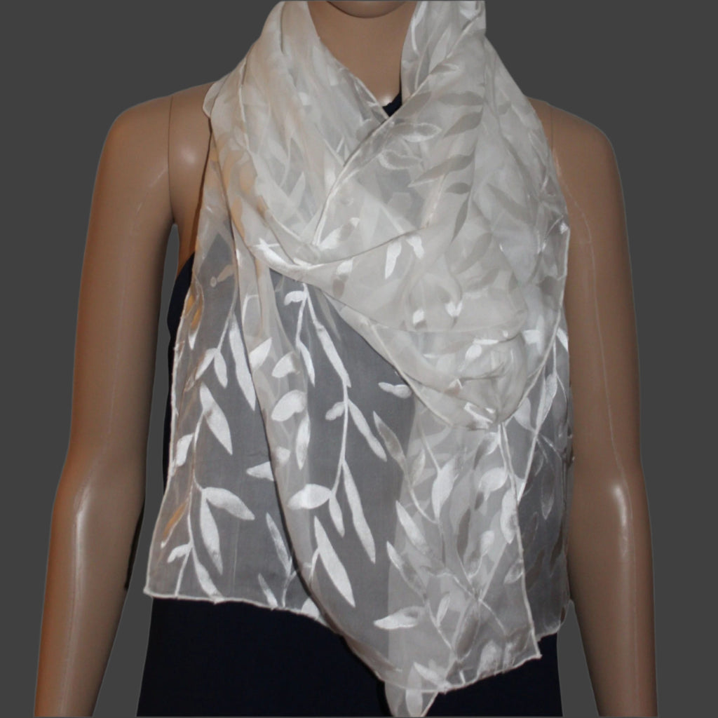 80-13 in Silk scarf, Leaves pattern,Extra long scarf,Summer gift,White long scarf, Bridal gift, Bridesmaid gift,Hand hemmed Luxury scarf