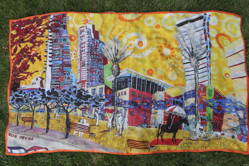 Israel Tel Aviv view Zoe Sever artist original painting printed on silk Modern Jewish art