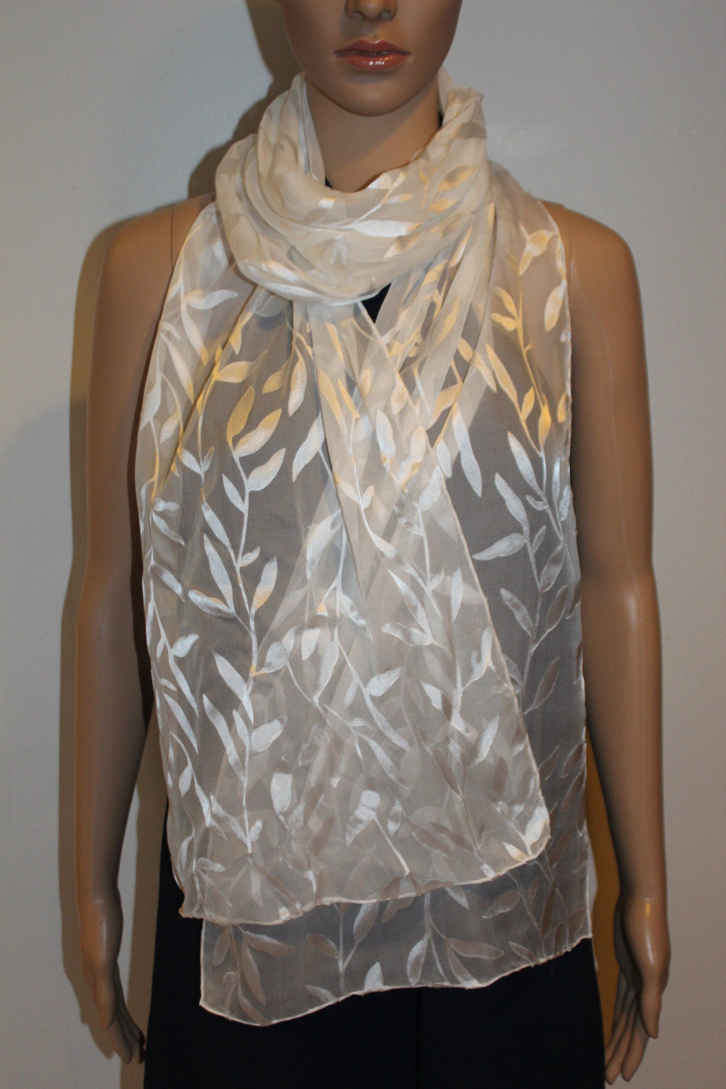 80-13 in Silk scarf, Leaves pattern,Extra long scarf,Summer gift,White long scarf, Bridal gift, Bridesmaid gift,Hand hemmed Luxury scarf