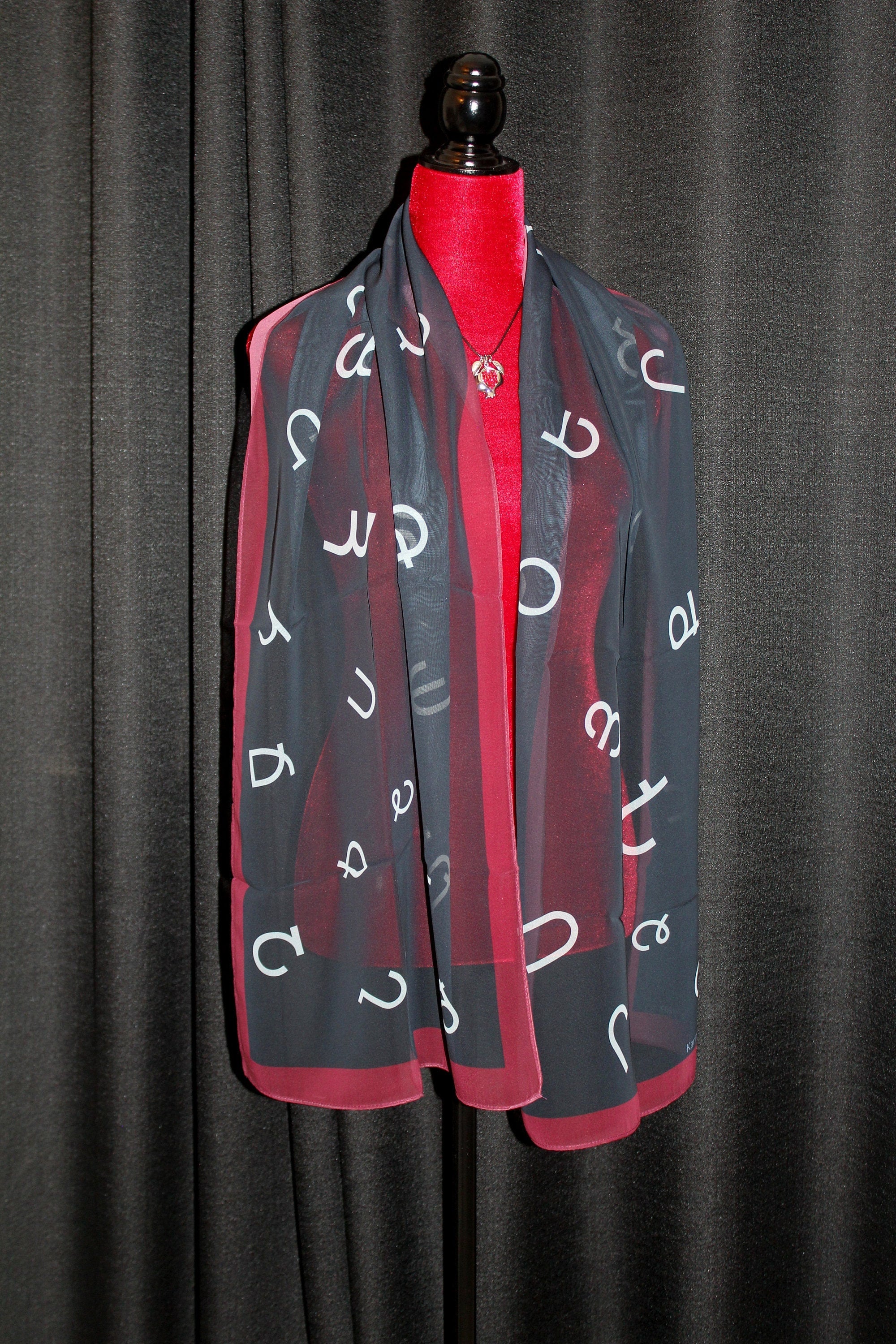 Armenian gift set,  alphabet scarf and pomegranate pendant, 70-17 in long chiffon scarf, perfect gift for Armenian