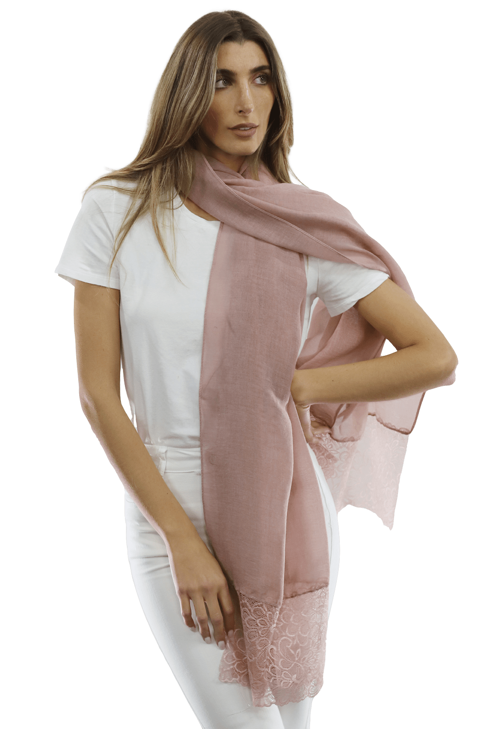 La Fiorentina Embroidery Laced Trim Scarf- Blush