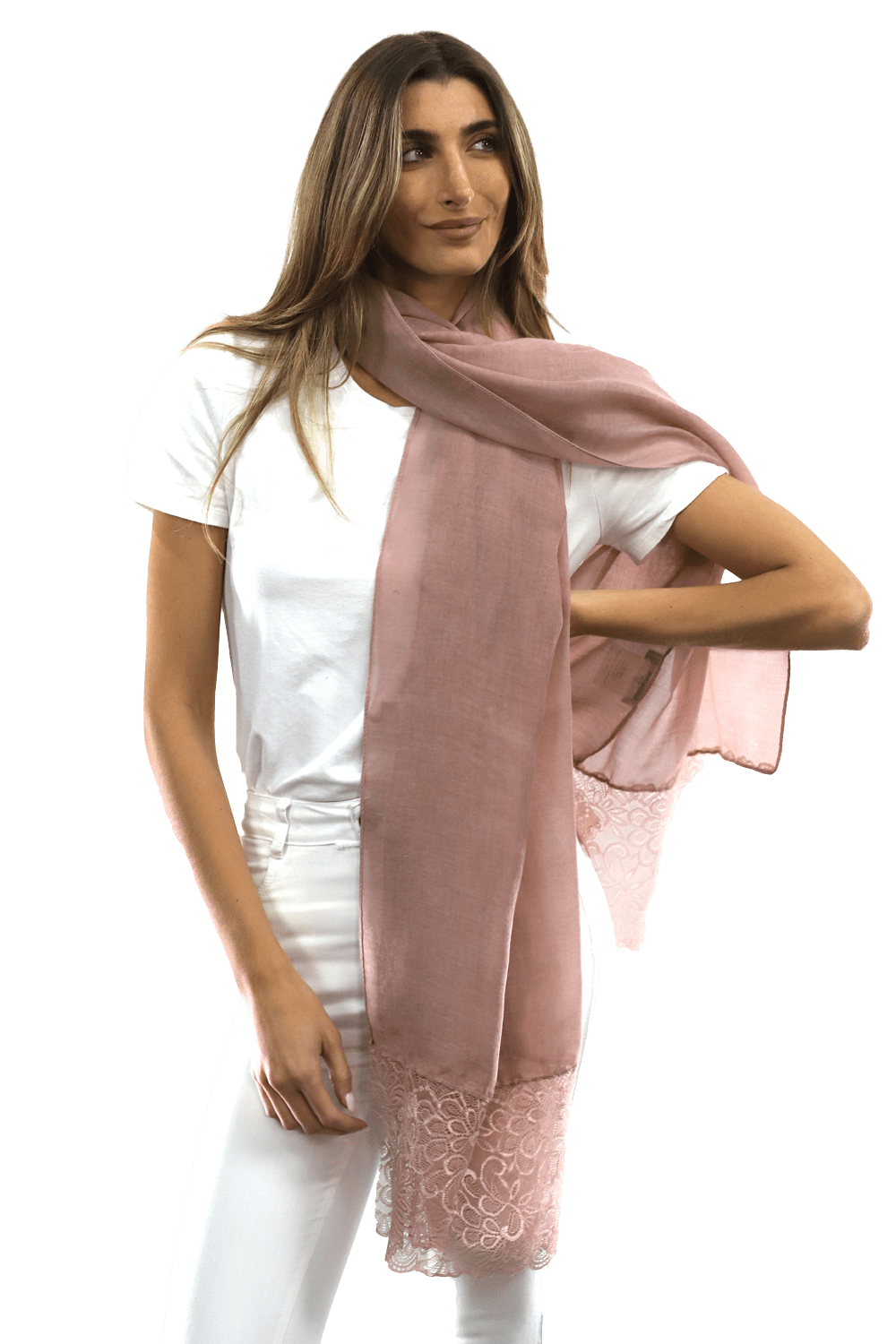 La Fiorentina Embroidery Laced Trim Scarf- Blush