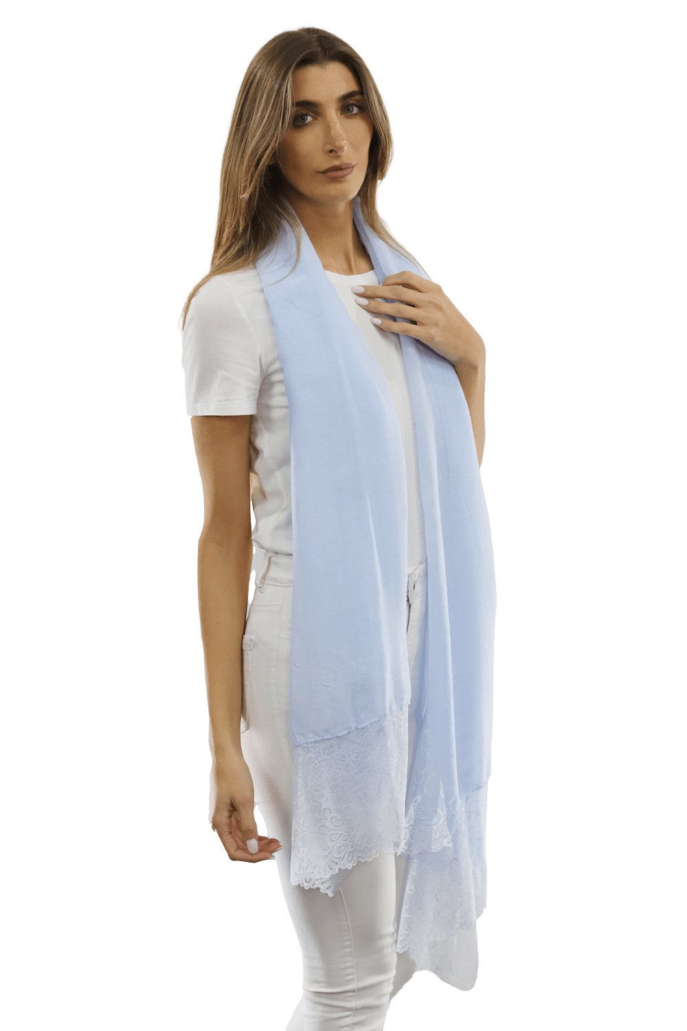 La Fiorentina Embroidery Laced Trim Scarf - Light Blue