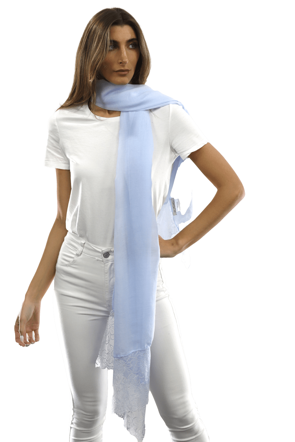 La Fiorentina Embroidery Laced Trim Scarf - Light Blue