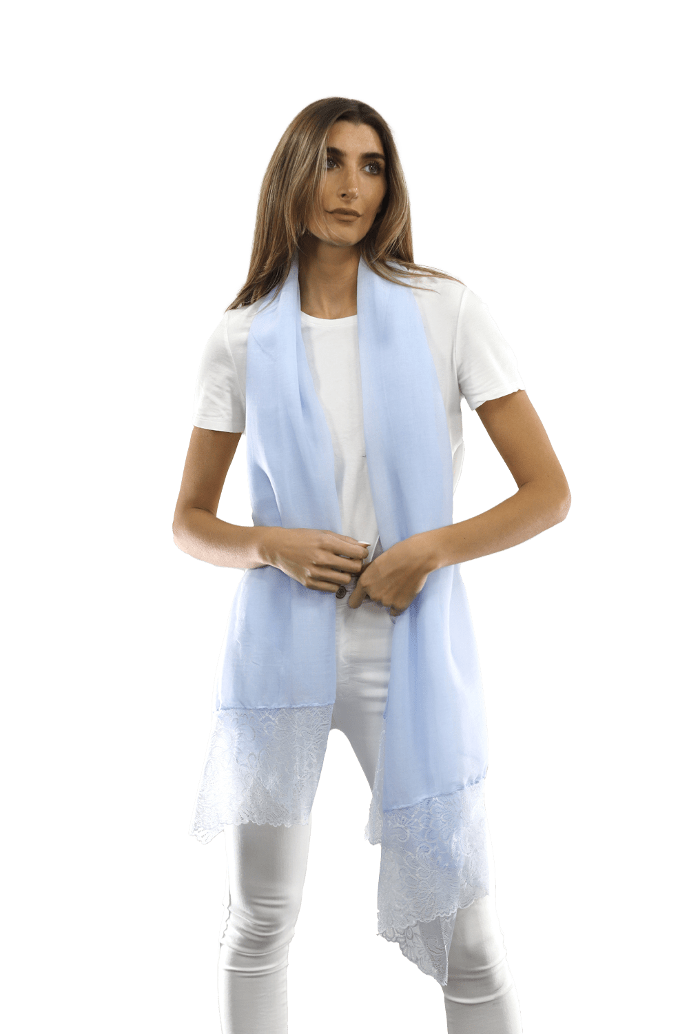 La Fiorentina Embroidery Laced Trim Scarf - Light Blue