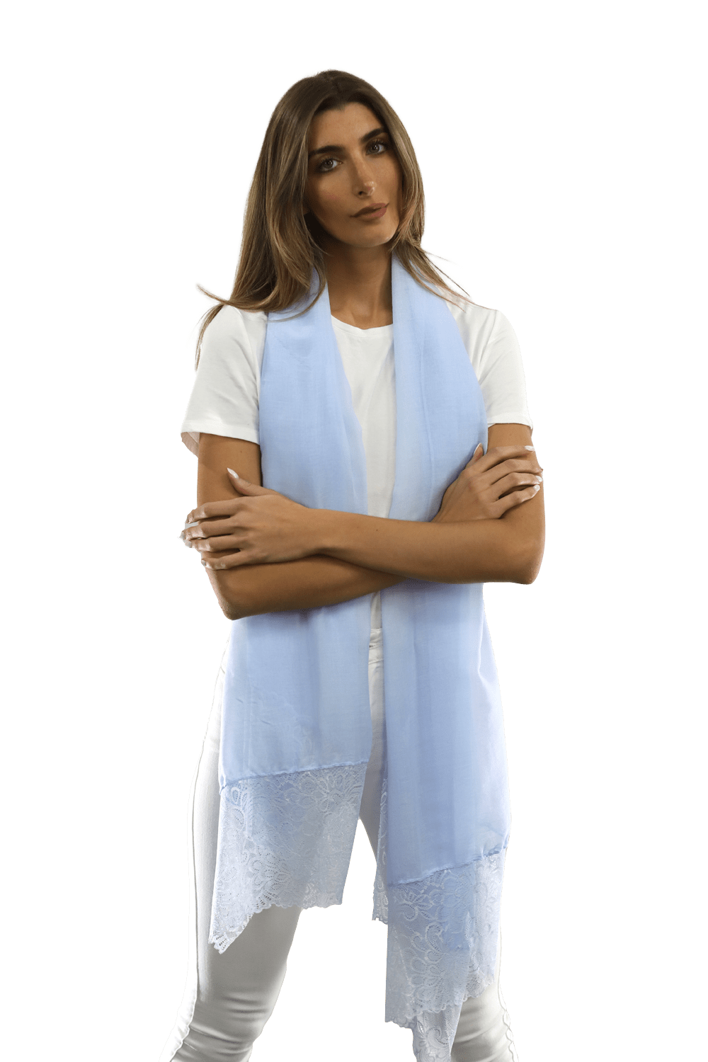 La Fiorentina Embroidery Laced Trim Scarf - Light Blue