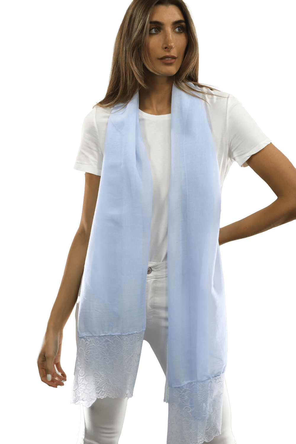 La Fiorentina Embroidery Laced Trim Scarf - Light Blue