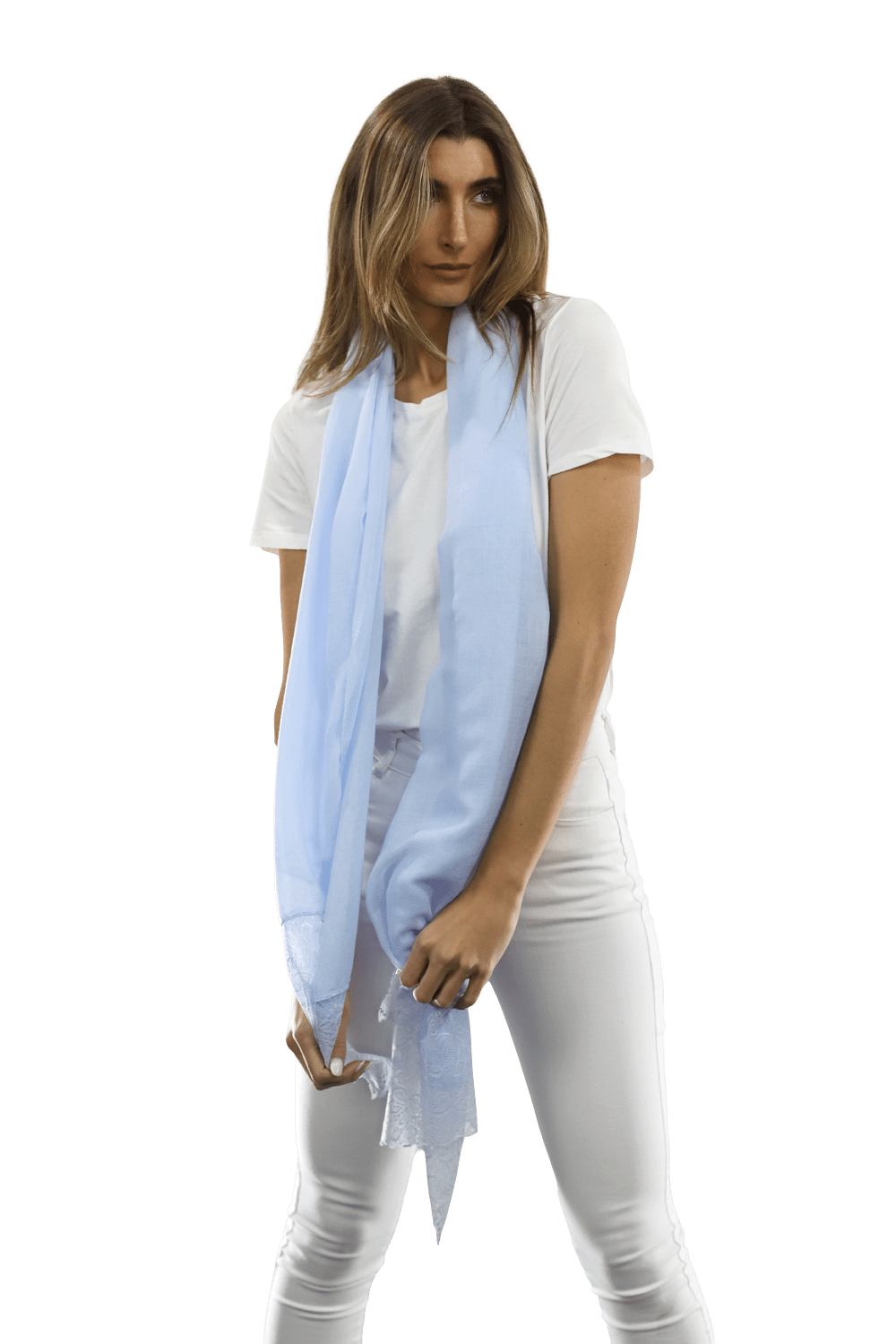 La Fiorentina Embroidery Laced Trim Scarf - Light Blue