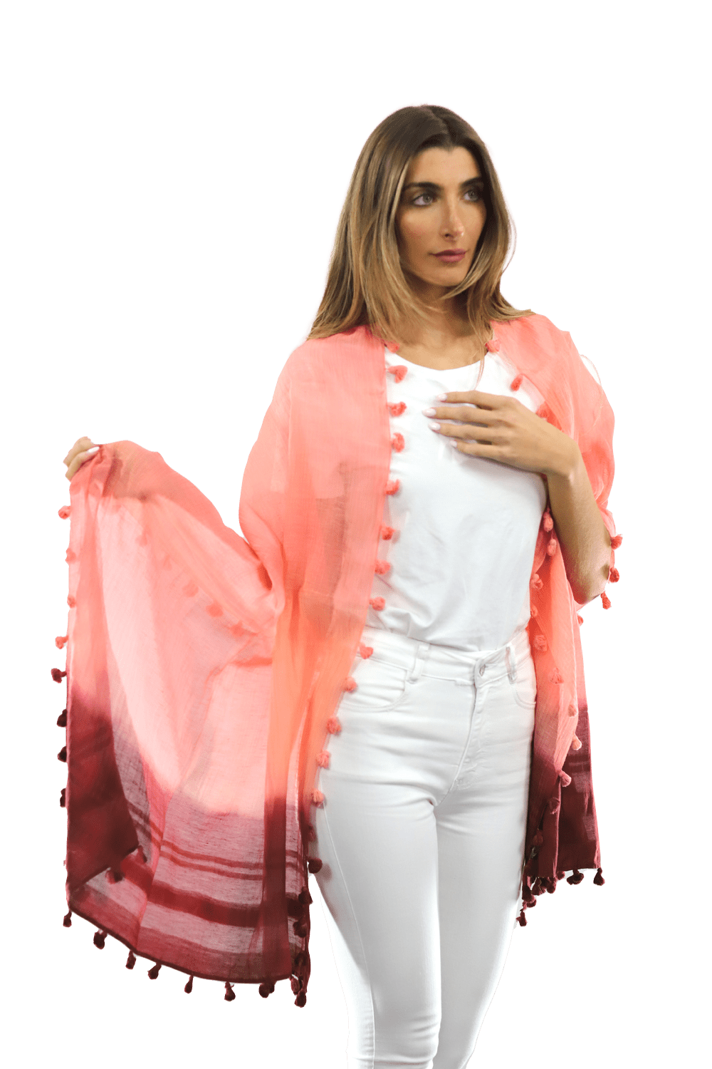 La Fiorentina Solid Silk/Cotton Blend Scarf with Fringes - Cantaloupe