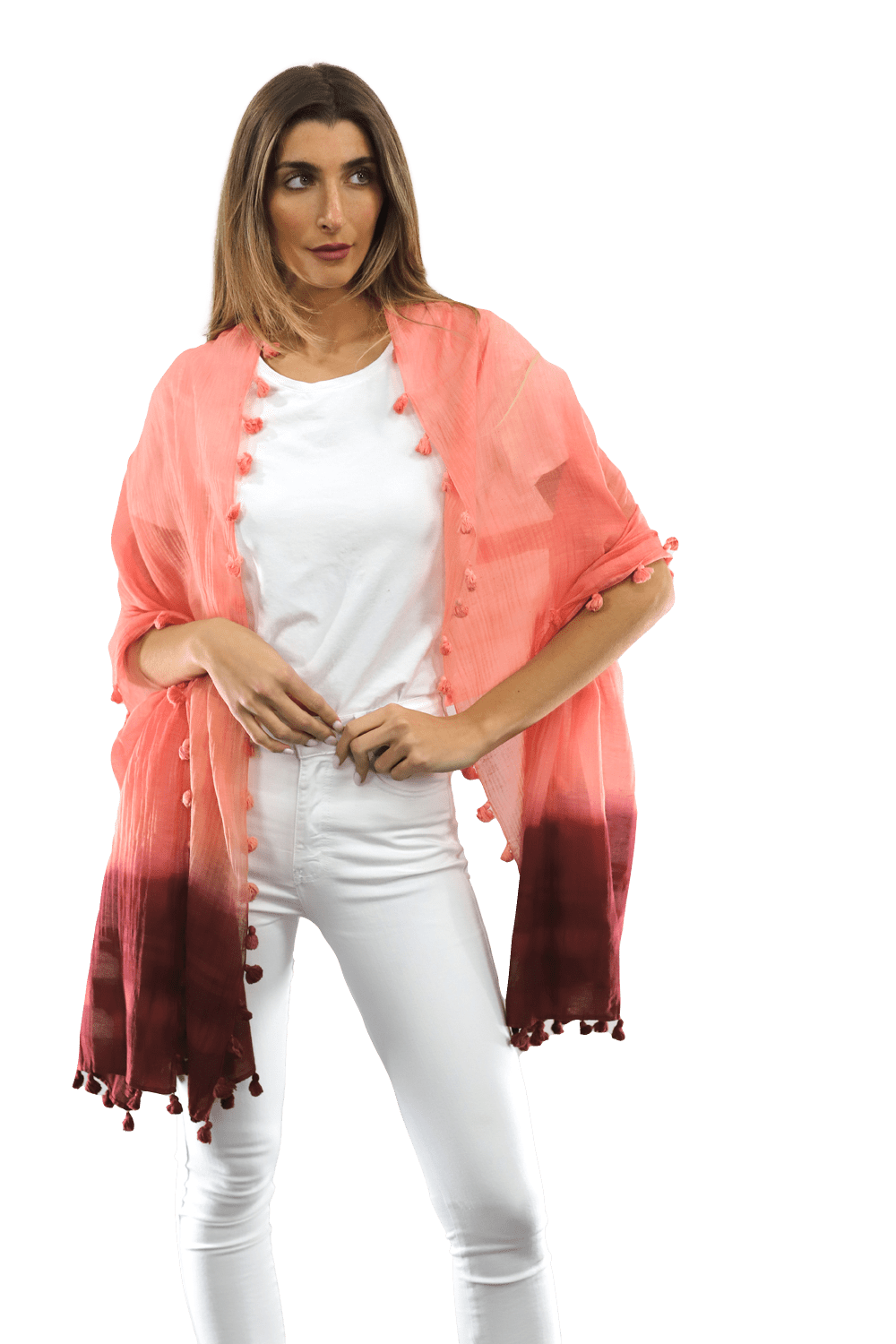 La Fiorentina Solid Silk/Cotton Blend Scarf with Fringes - Cantaloupe