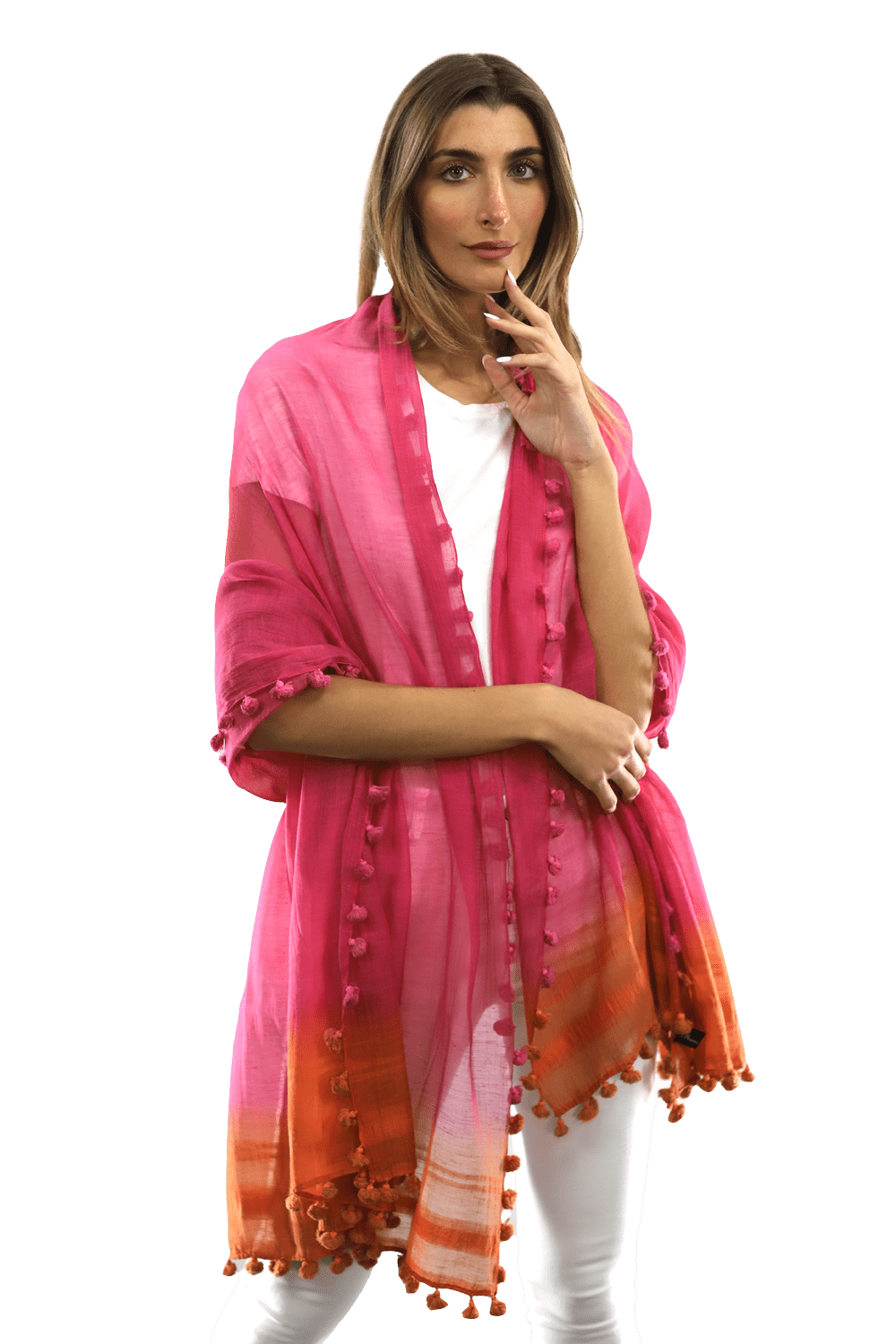 La Fiorentina Solid Silk/Cotton Blend Scarf with Fringes - Fuchsia/Peach