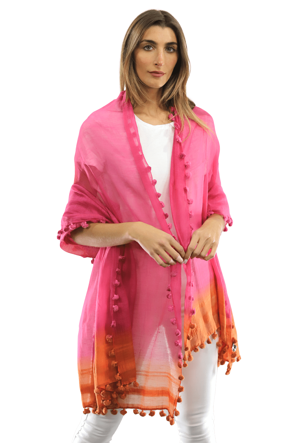 La Fiorentina Solid Silk/Cotton Blend Scarf with Fringes - Fuchsia/Peach