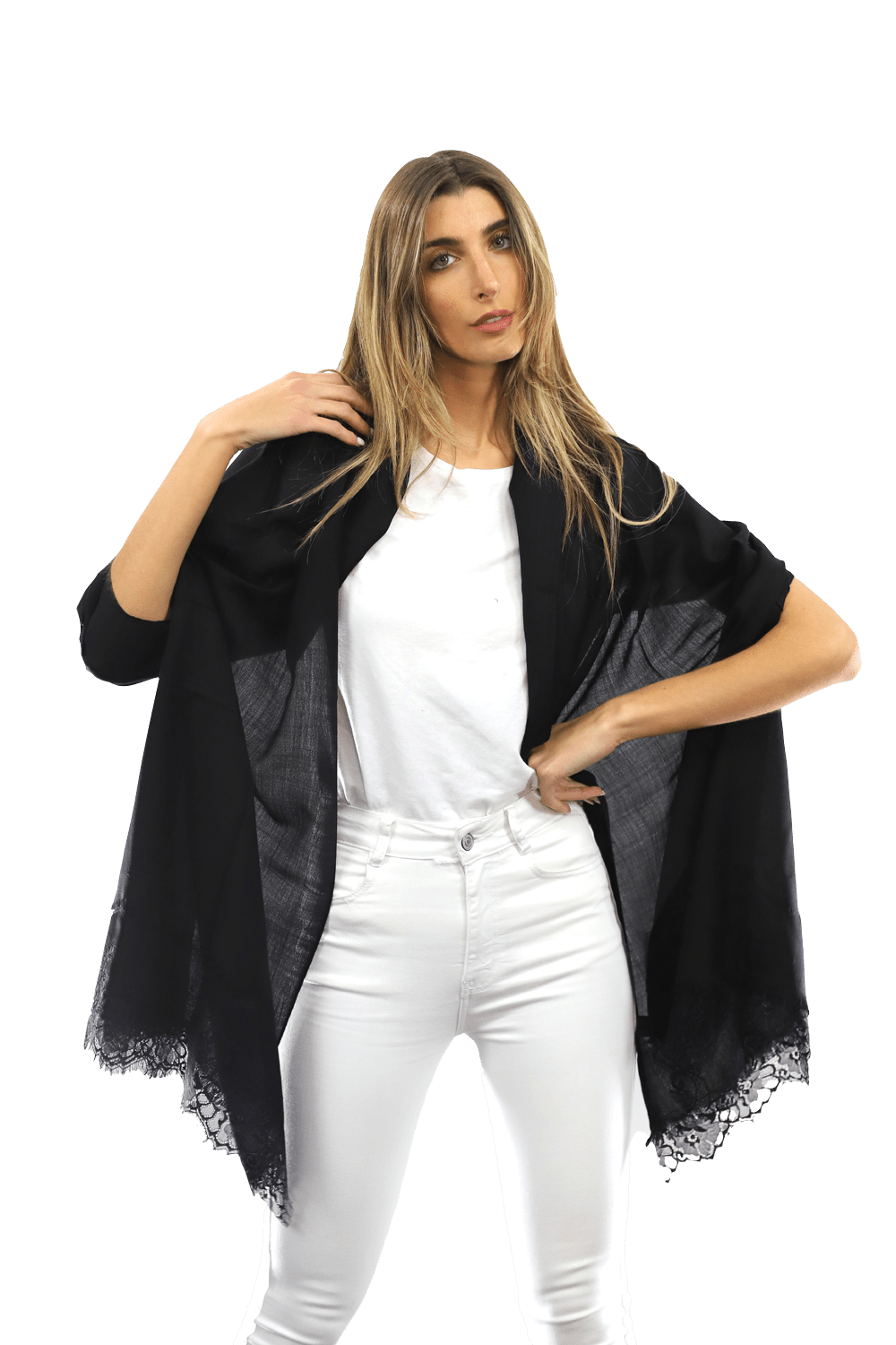 Lace Trim Scarf-Black/Black