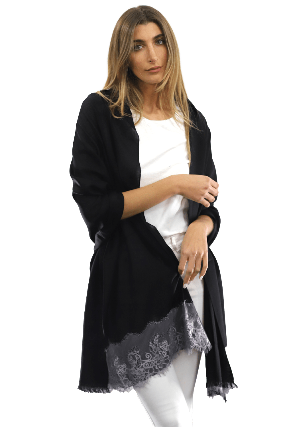 Lace Trim Scarf-Black/Grey