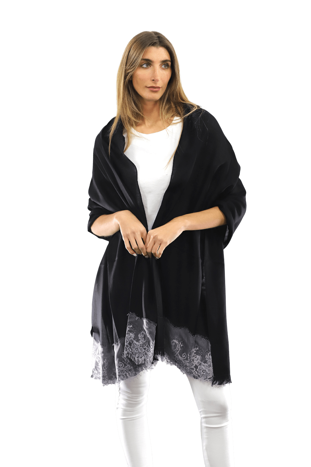 Lace Trim Scarf-Black/Grey