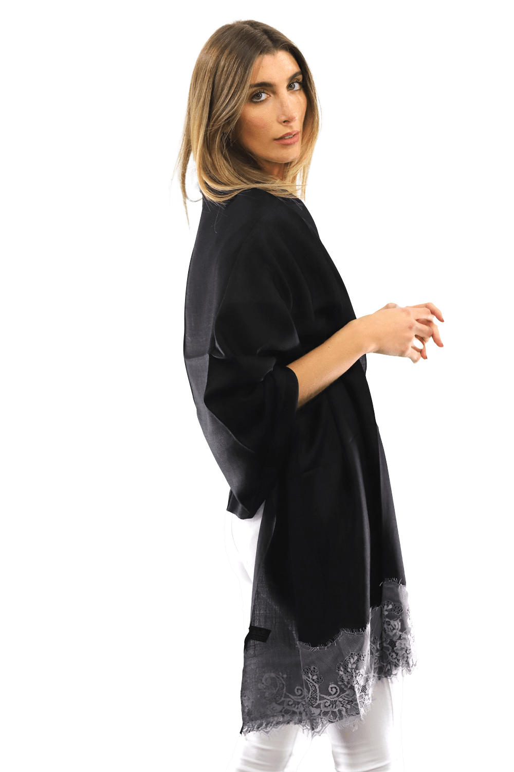 Lace Trim Scarf-Black/Grey